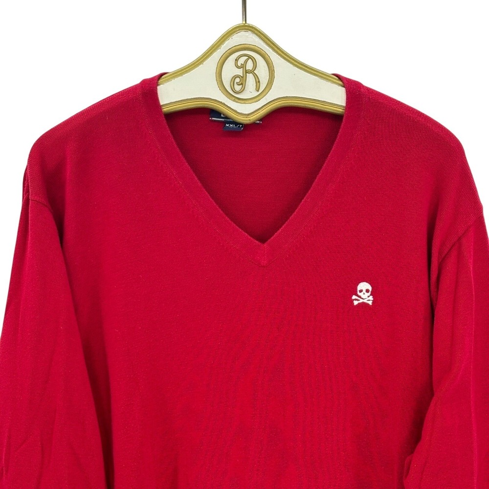 Lands End Red Supima Cotton Skull Embroidered V-Neck Sweater Men XXL Tall